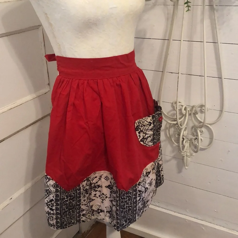 Lot Bundle of 2 Vintage Handmade Red Aprons Pockets